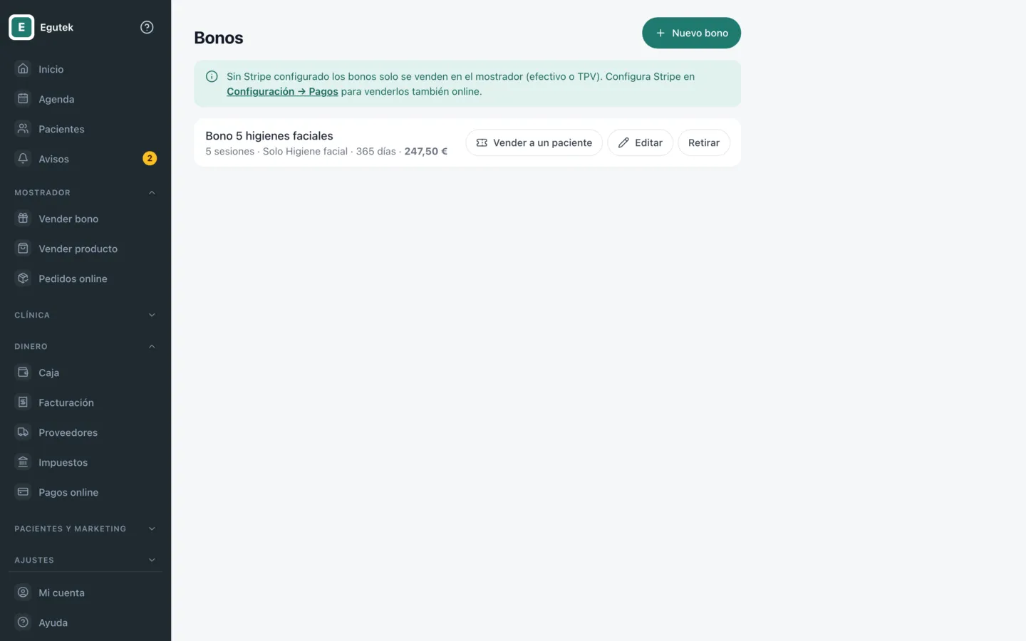 Bonos a la venta en una clínica de ejemplo