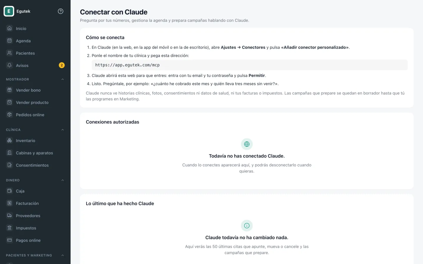 Pantalla para conectar Claude en una clínica de ejemplo